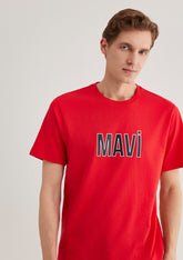 Blue Logo Printed Red T-Shirt