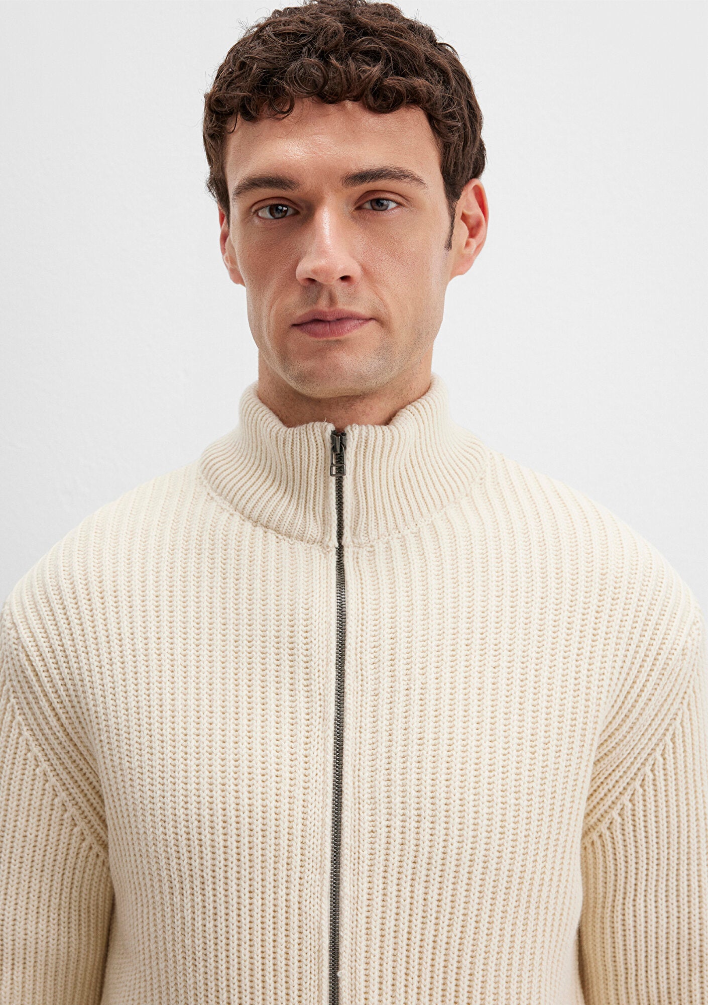 Wool Mix Full Zip Ecru Cardigan