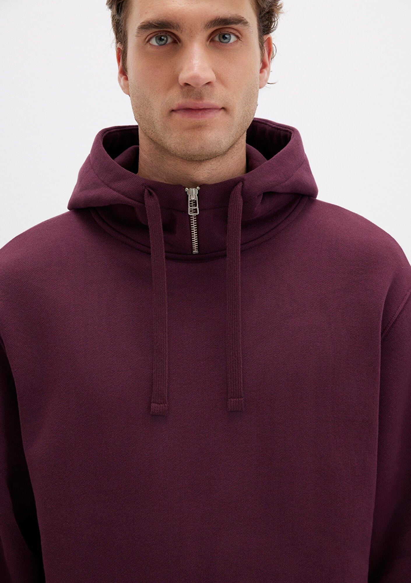 Zip Detailed Hooded Burgundy Sweatshirt