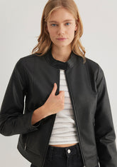 Stand Collar Black Faux Leather Jacket