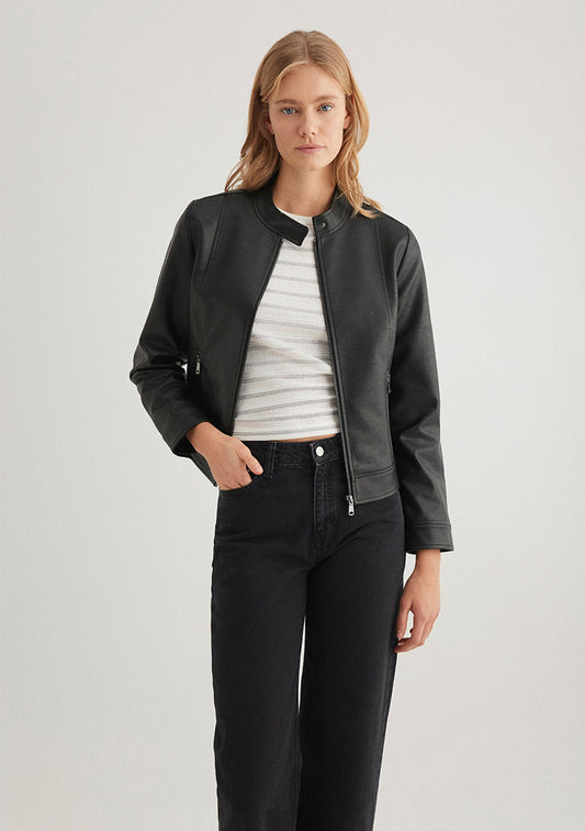 Stand Collar Black Faux Leather Jacket