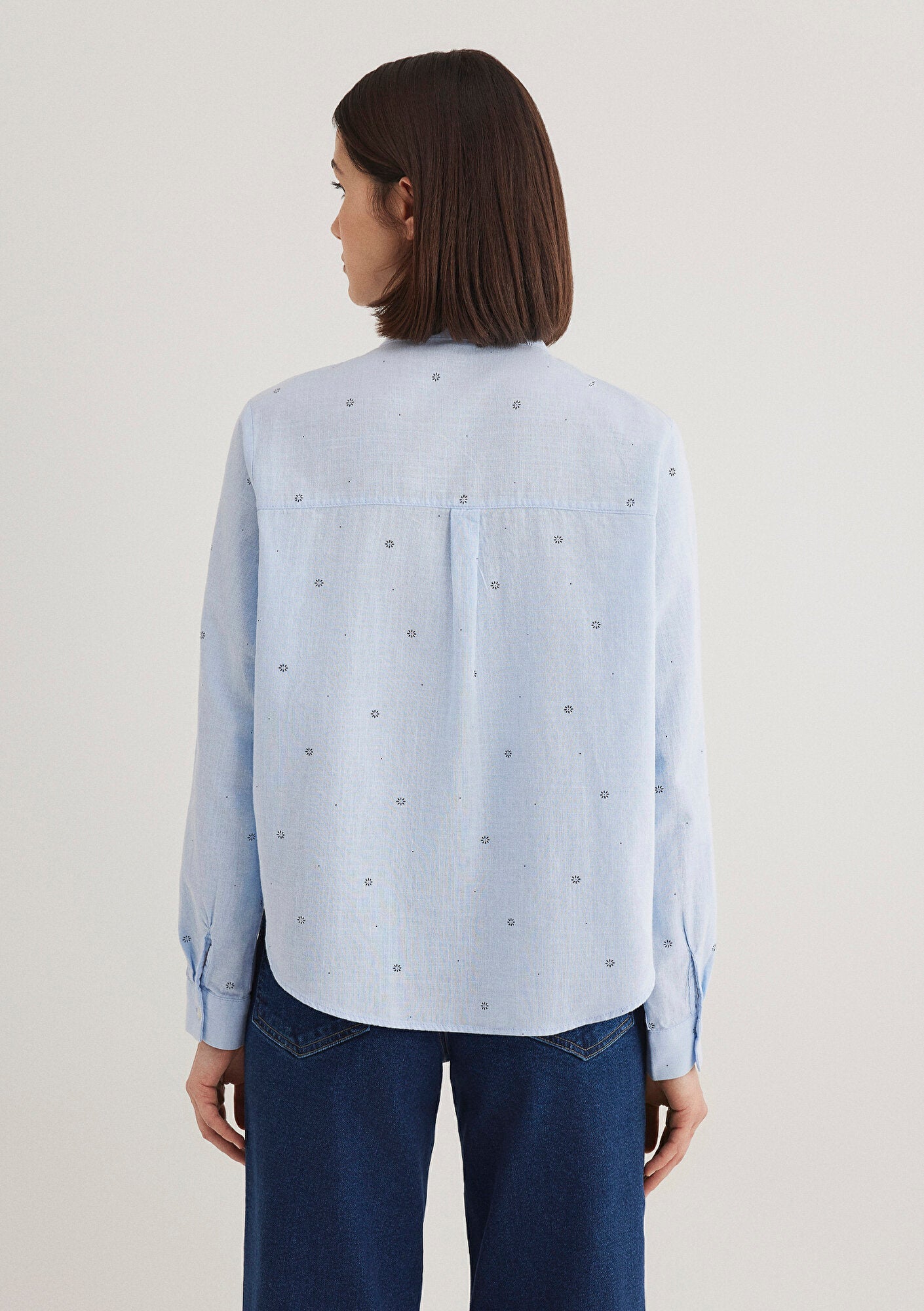 Flower Embroidered Blue Shirt