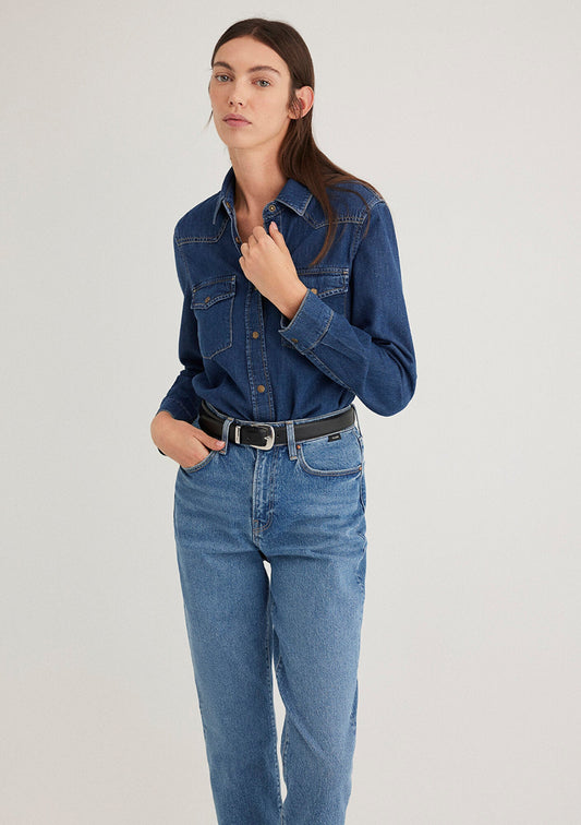 Angela Dark Blue Classic Denim Jean Shirt
