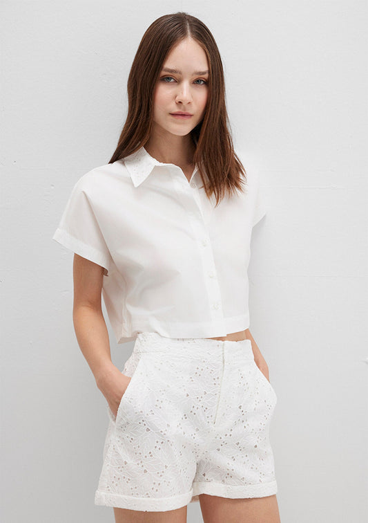 Collar Detailed White Crop Shirt