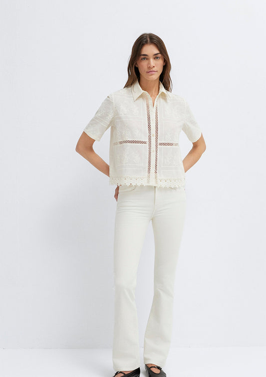 Embroidered Detail Ecru Shirt