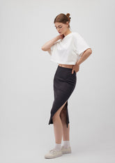 Side Slit Black Midi Skirt