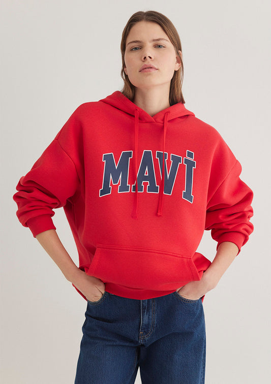 Mavi Logo Printed Hooded Red Sweatshirt