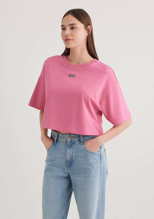 Mavi Logo Printed Pink Crop T-Shirt