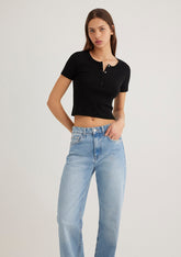 Half Button Black Basic T-Shirt