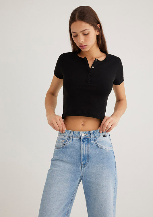 Half Button Black Basic T-Shirt