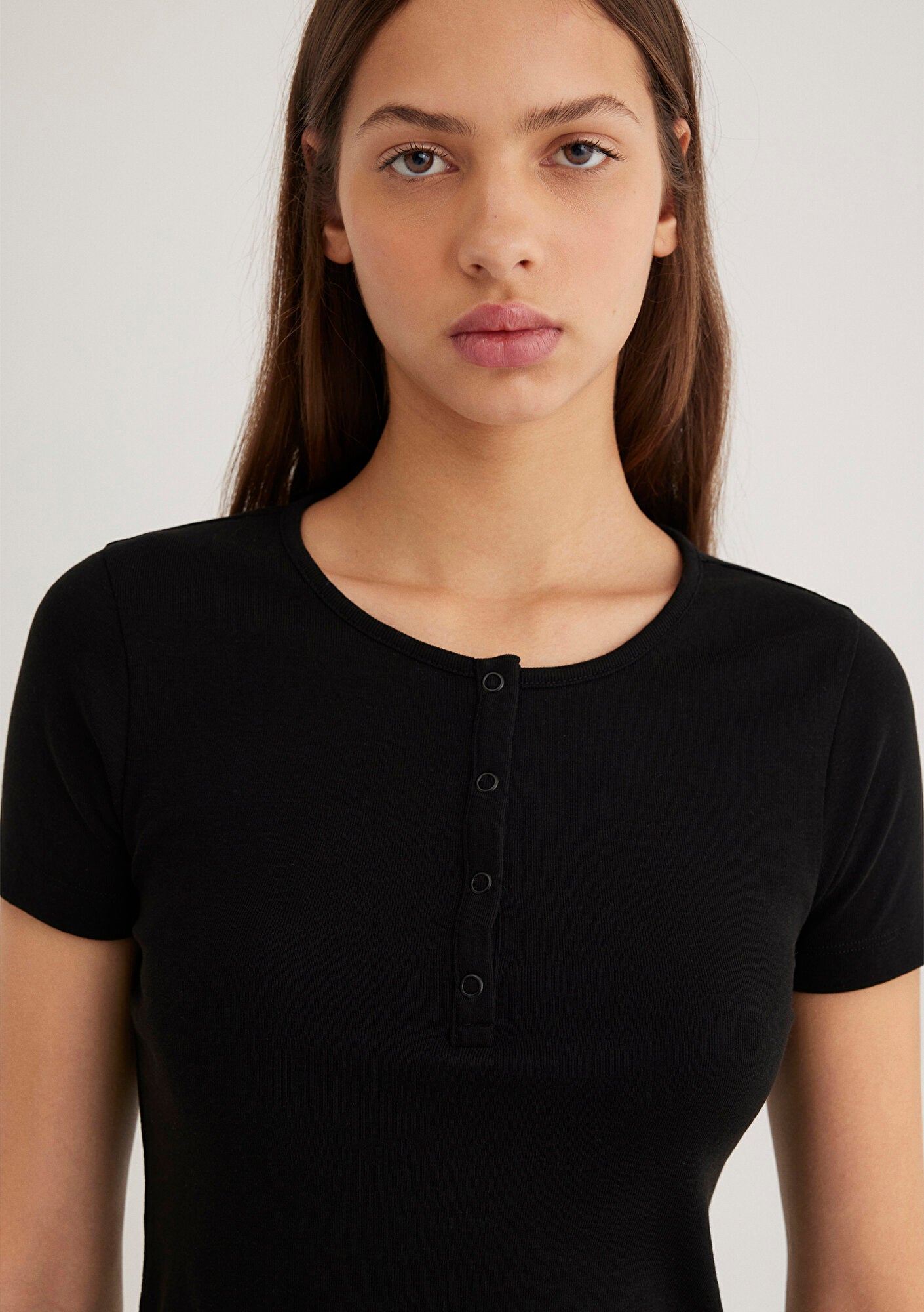 Half Button Black Basic T-Shirt