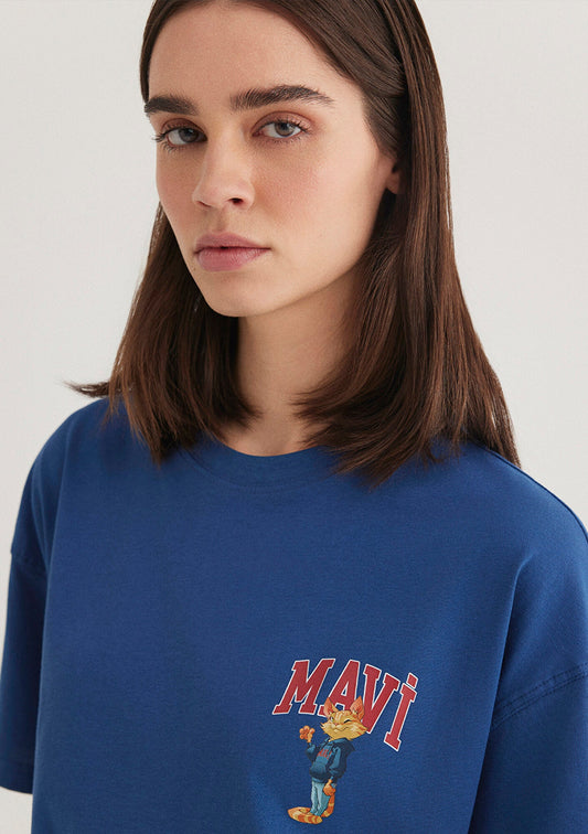 Cat Logo Printed Navy Blue T-shirt