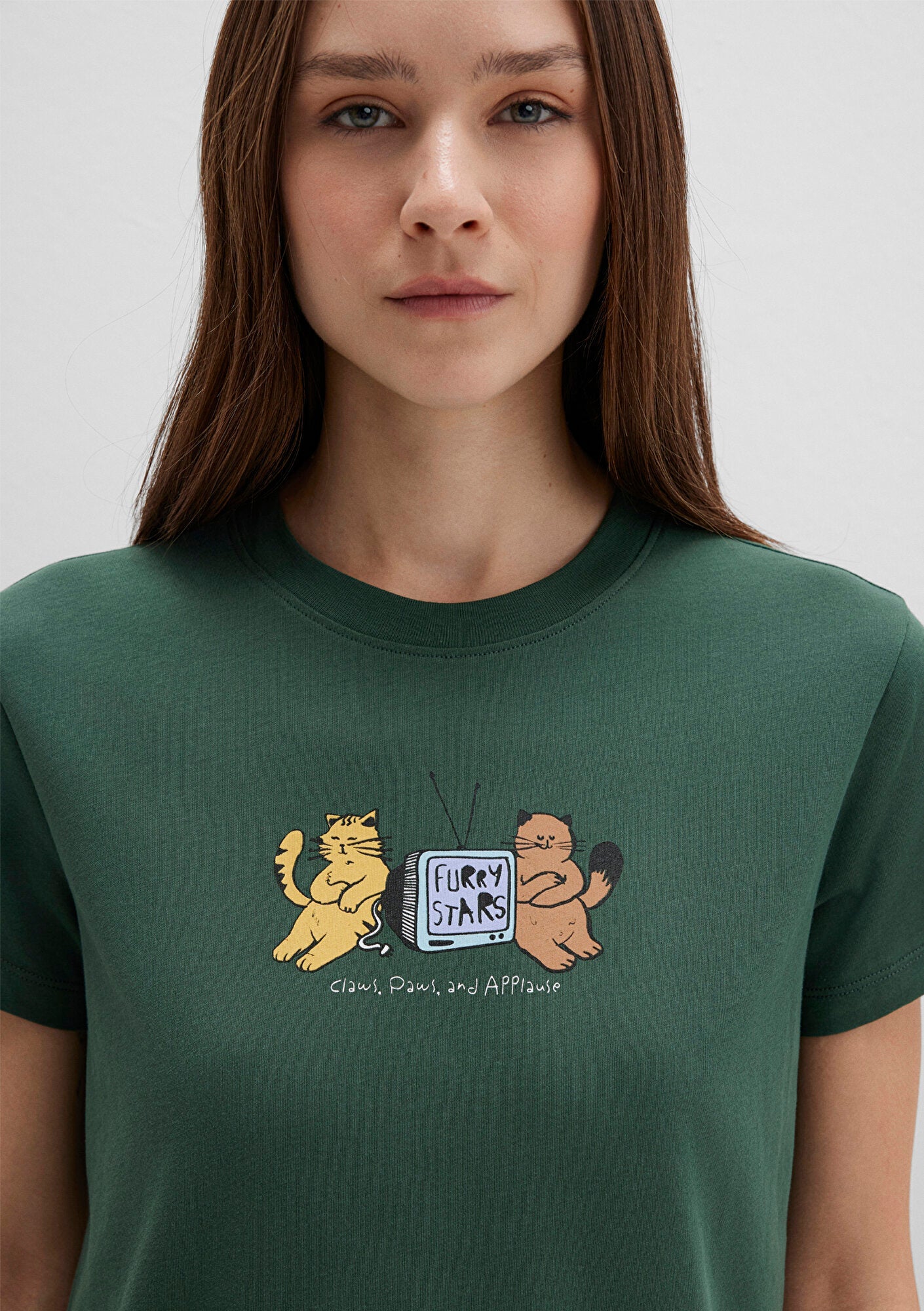 Cat Printed Green T-Shirt