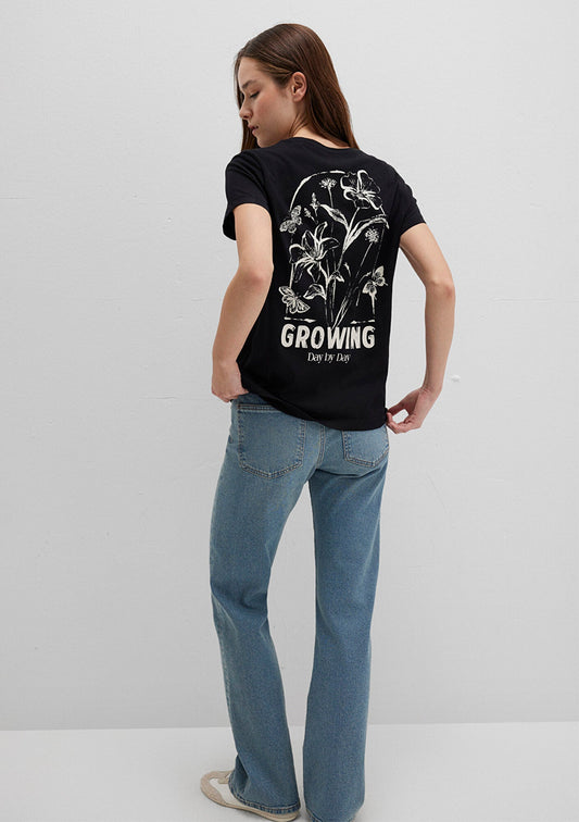 Flower Printed Black T-Shirt