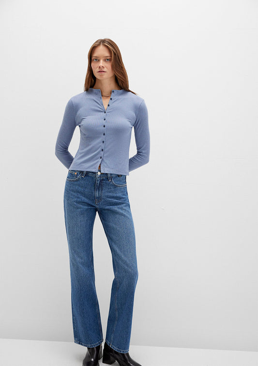 Button Detailed Blue T-Shirt