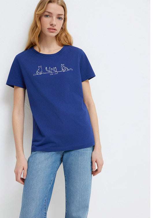 Cat Printed Navy T-Shirt
