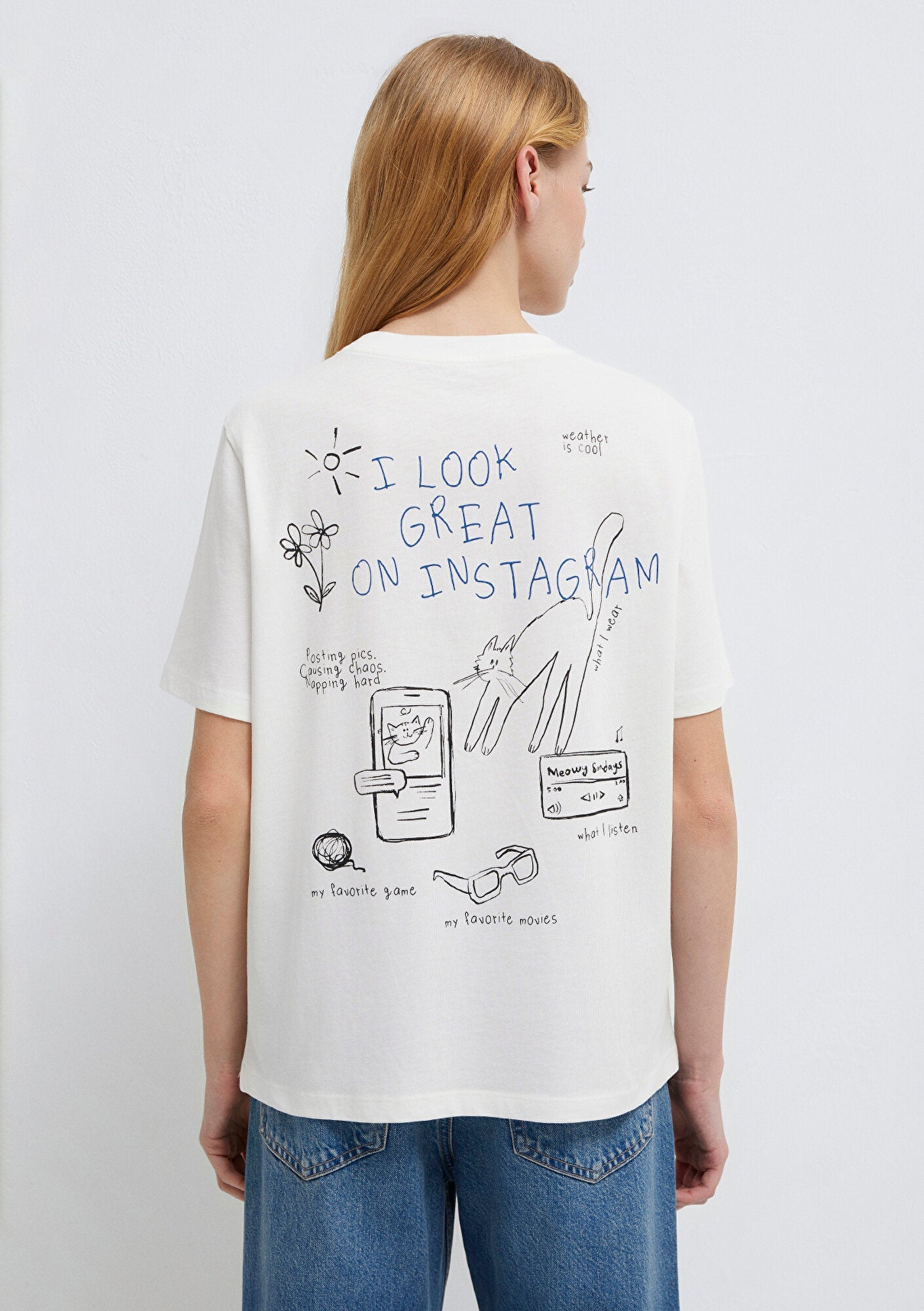 Cat Printed Ecru T-Shirt
