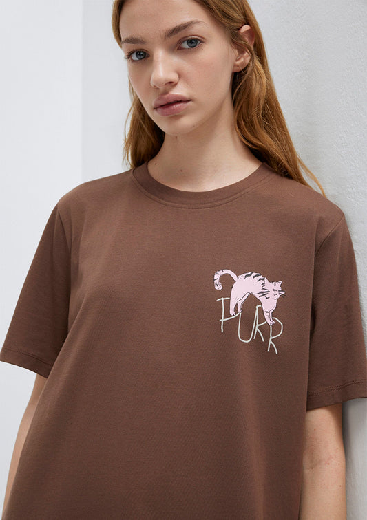 Cat Printed Brown T-Shirt