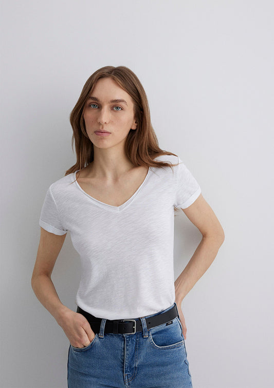 V Neck White Basic T-Shirt