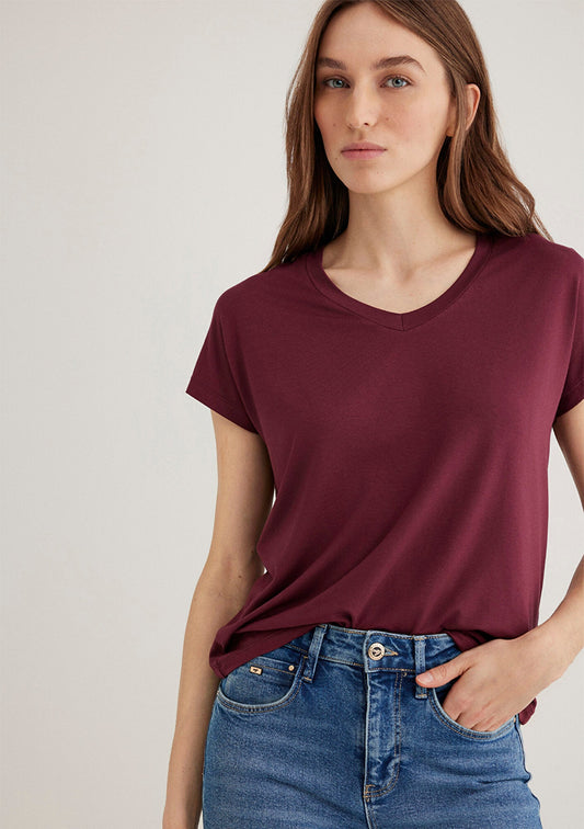 V Neck Burgundy Basic T-Shirt