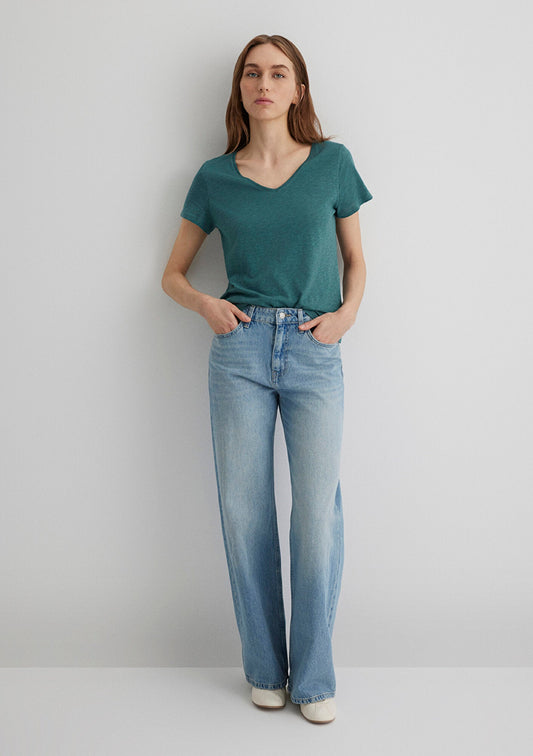 V Neck Green Basic T-Shirt