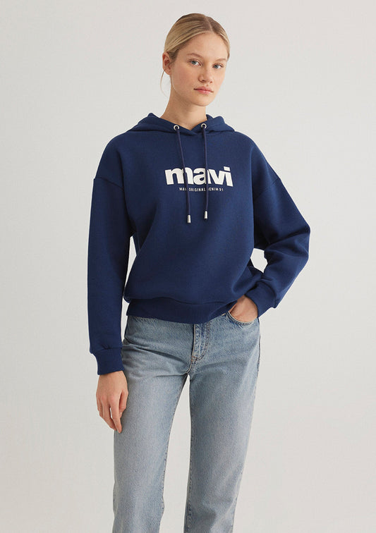Mavi Logo Printed Hooded Navy Sweatshirt