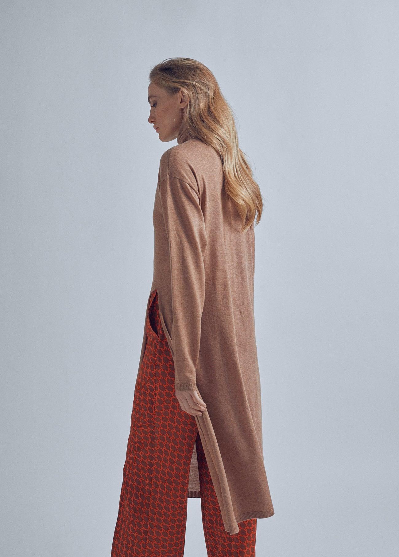 32461008-Long sweater with a high collar and slit detail-Camel