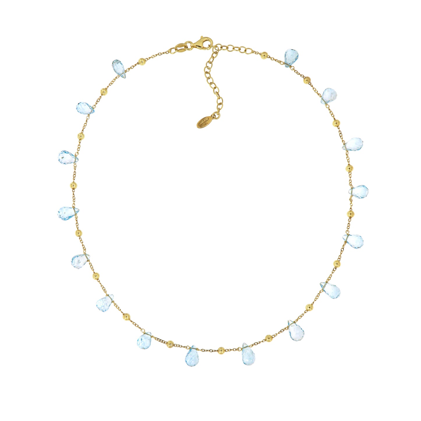350GRLBT-Silver Necklace Yellow Gold Plated with Semi Precious Stones: Light Blue-Yellow Gold Plated