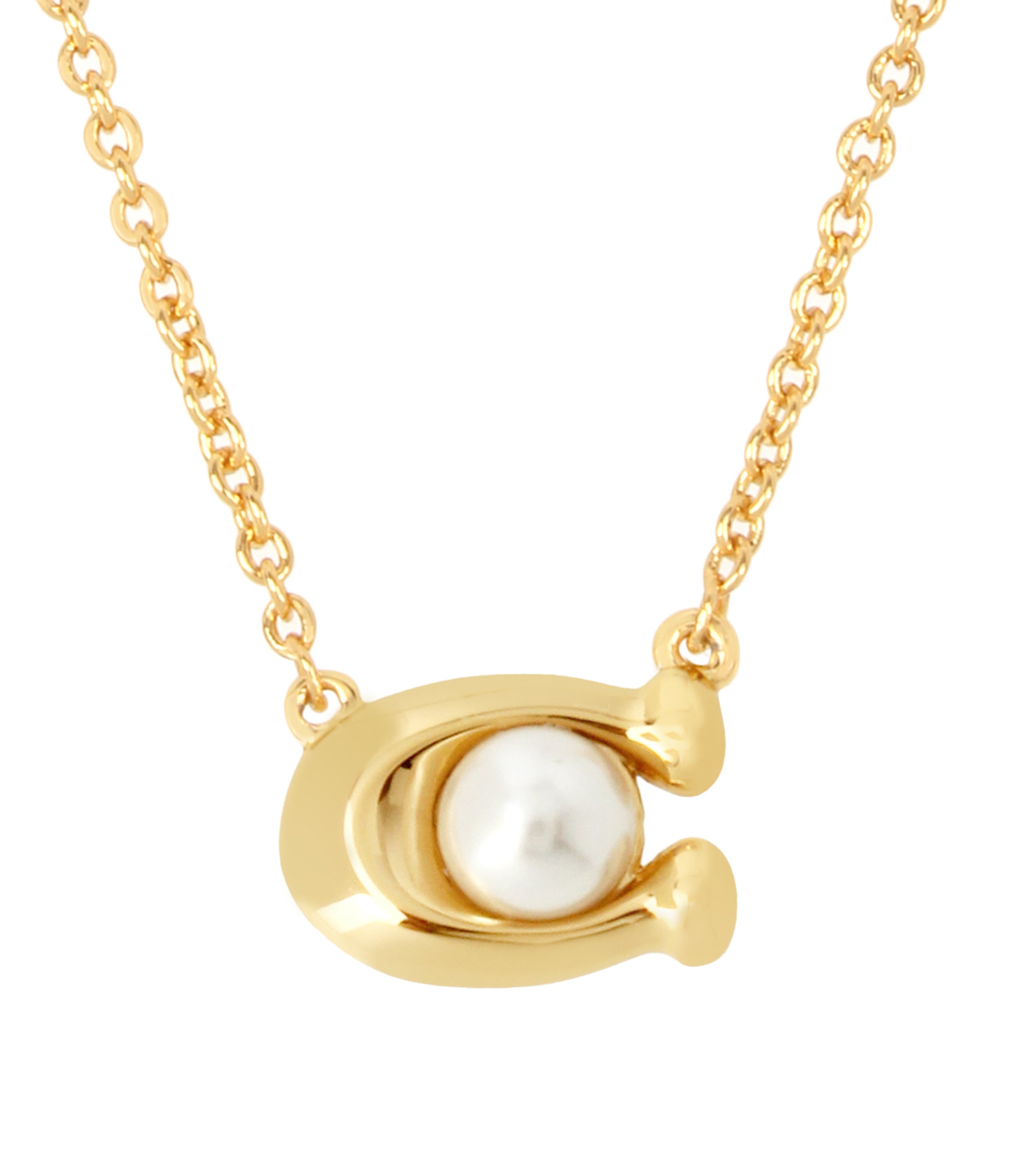 37341916GLD-Pearl Signature Pendant Necklace-White/Gold