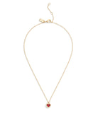 37506187GLD-Halo Stone Heart Pendant Necklace-Red