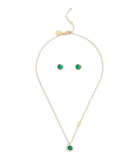 37530390GLD-Stone Necklace & Earrings Boxed Jewelry Set-Green