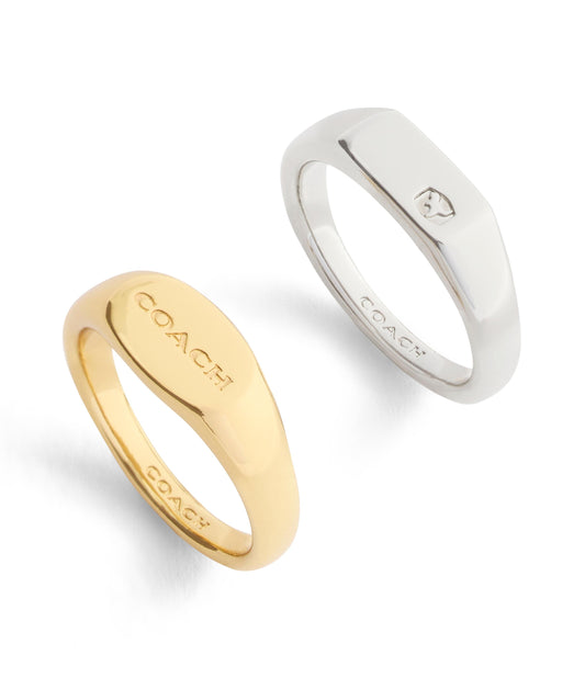 37541376TWO-Signature Signet Duo Ring Set-Twotone- Rhod/Gld