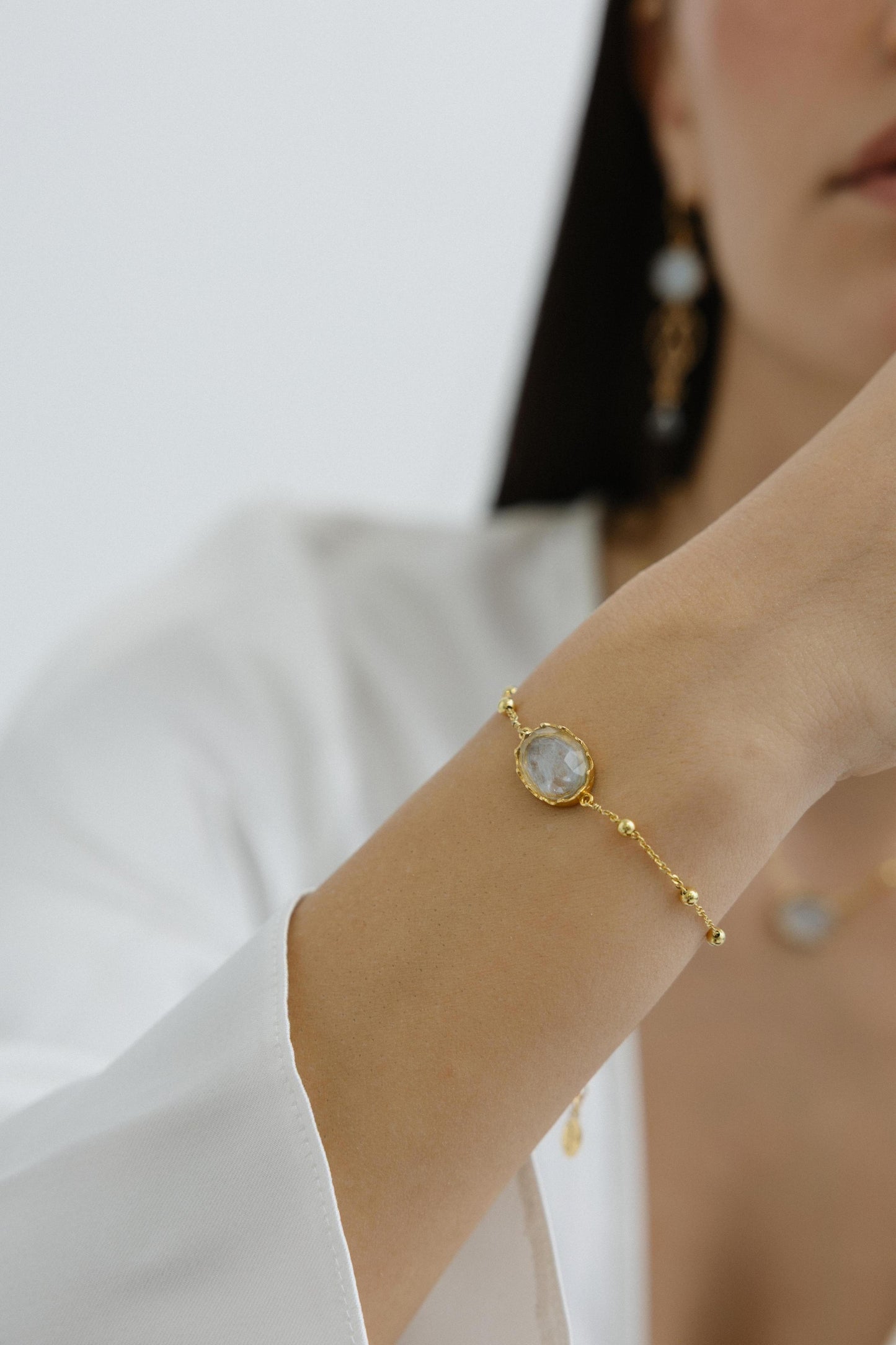 620BRLB-Silver Yellow Gold Plated Bracelet with Sem Precious Stones-Silver Yellow Gold Plated