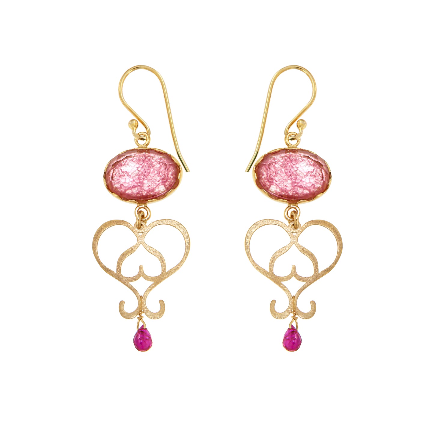 747ORFF-Silver Yellow Gold Plated Earrings with Semi Precious Stones: Fucsia-Yellow Gold Plated