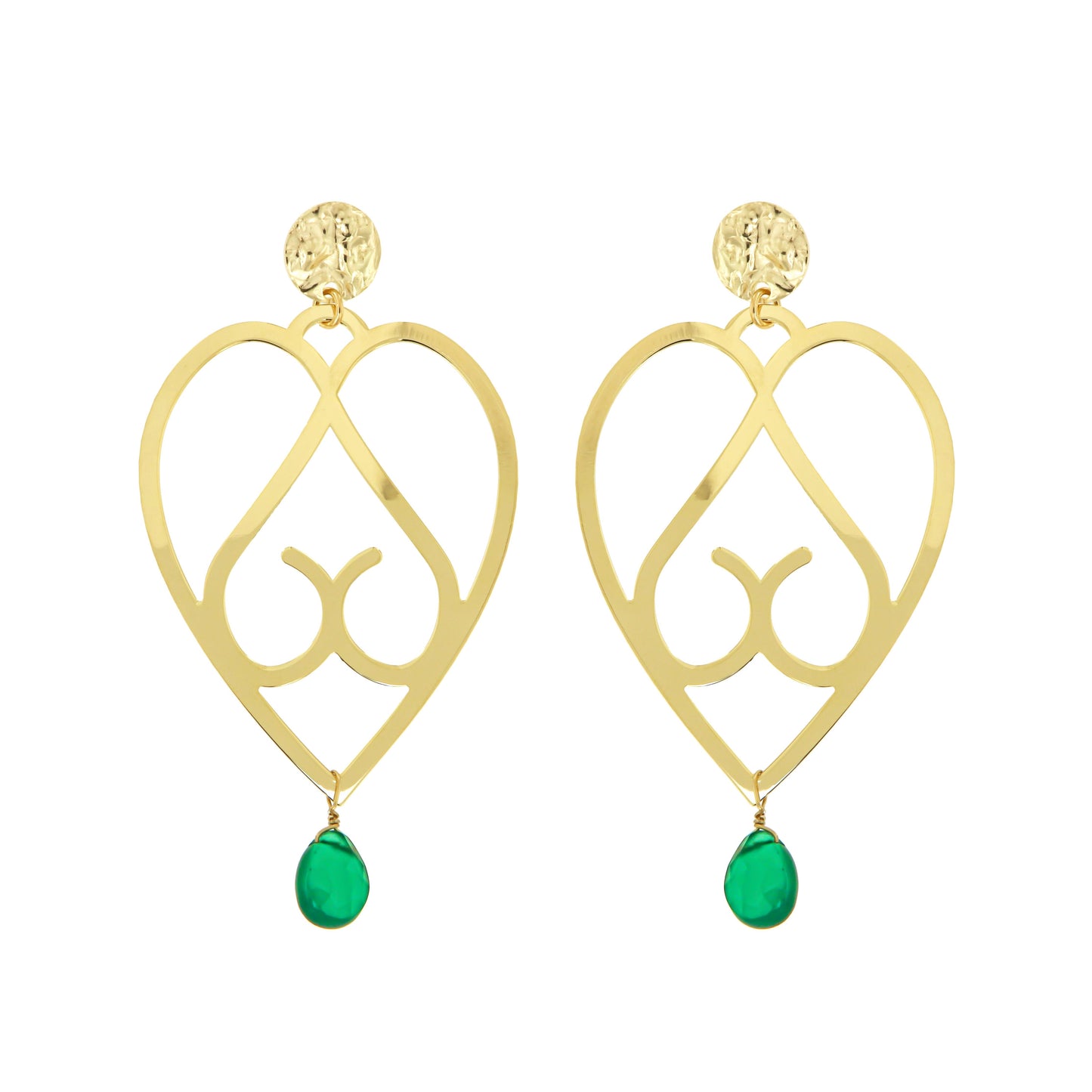 801ORAV-Silver Yellow Gold Plated Earrings with Semi Precious Stones: Green Agate-Yellow Gold Plated