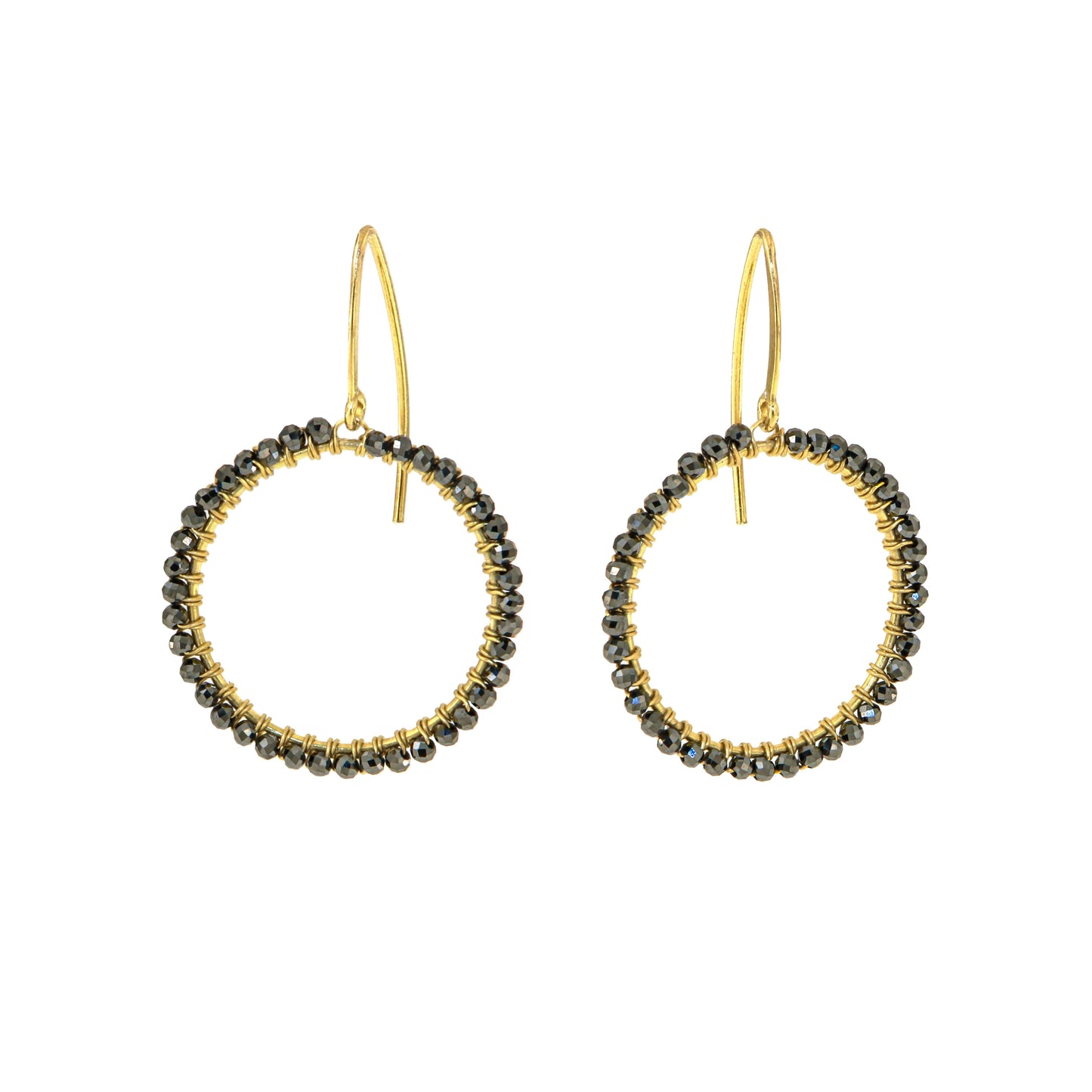 821OR-Silver Yellow Gold Plated Earringr with Black Spinell Mounted by Hand with Silver Yellow Gold Plated Rope-Yellow Gold Plated