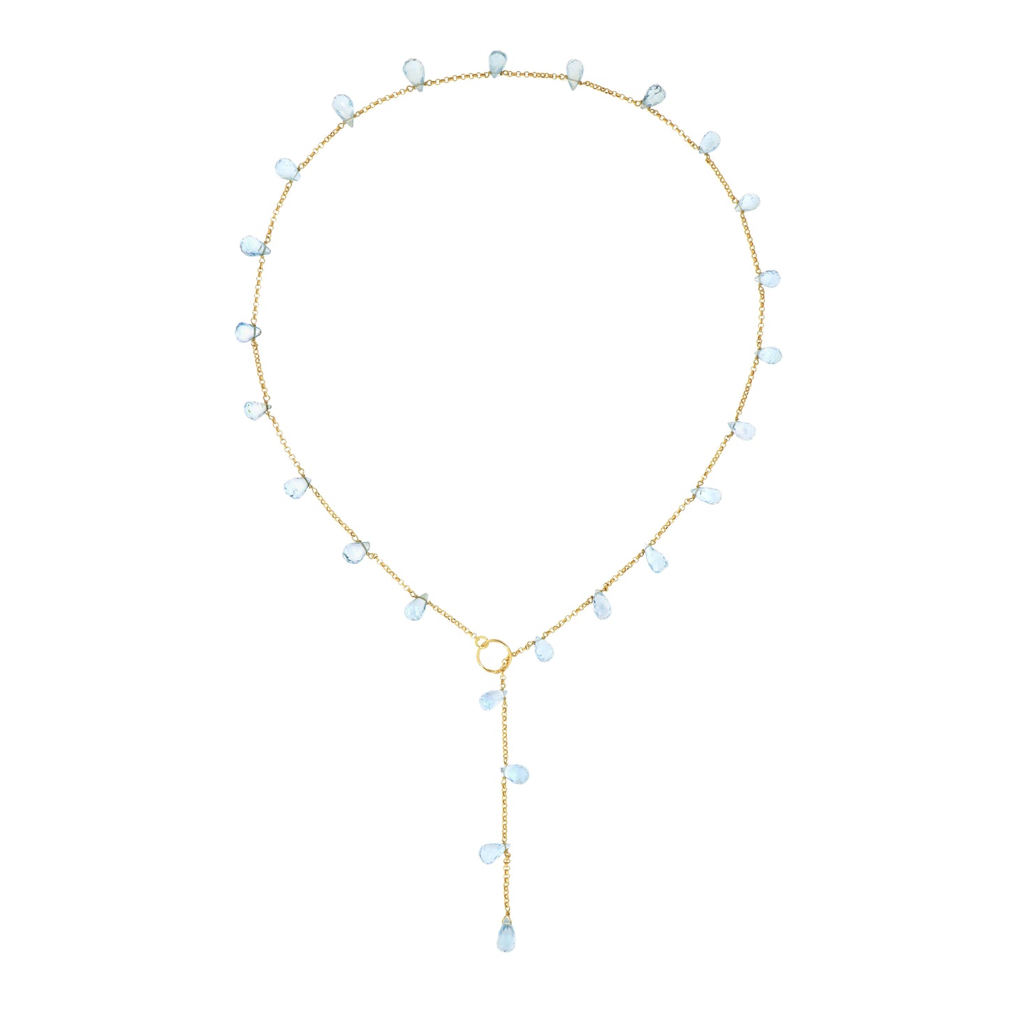 830COLBT-Silver Yellow Gold Plated Necklace with Briolet Drops of Light Blue Topaz that you can Adjust as you Like-Yellow Gold Plated