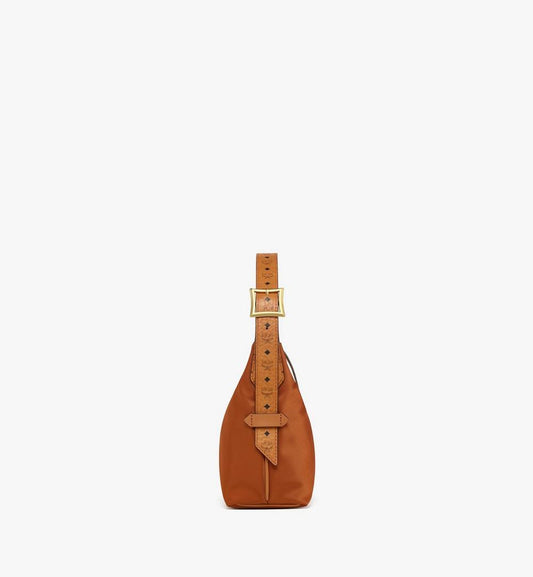 MWHFSTA09CO001-Aren Hobo in Recycled Nylon and Monogram Print Leather|COGNAC