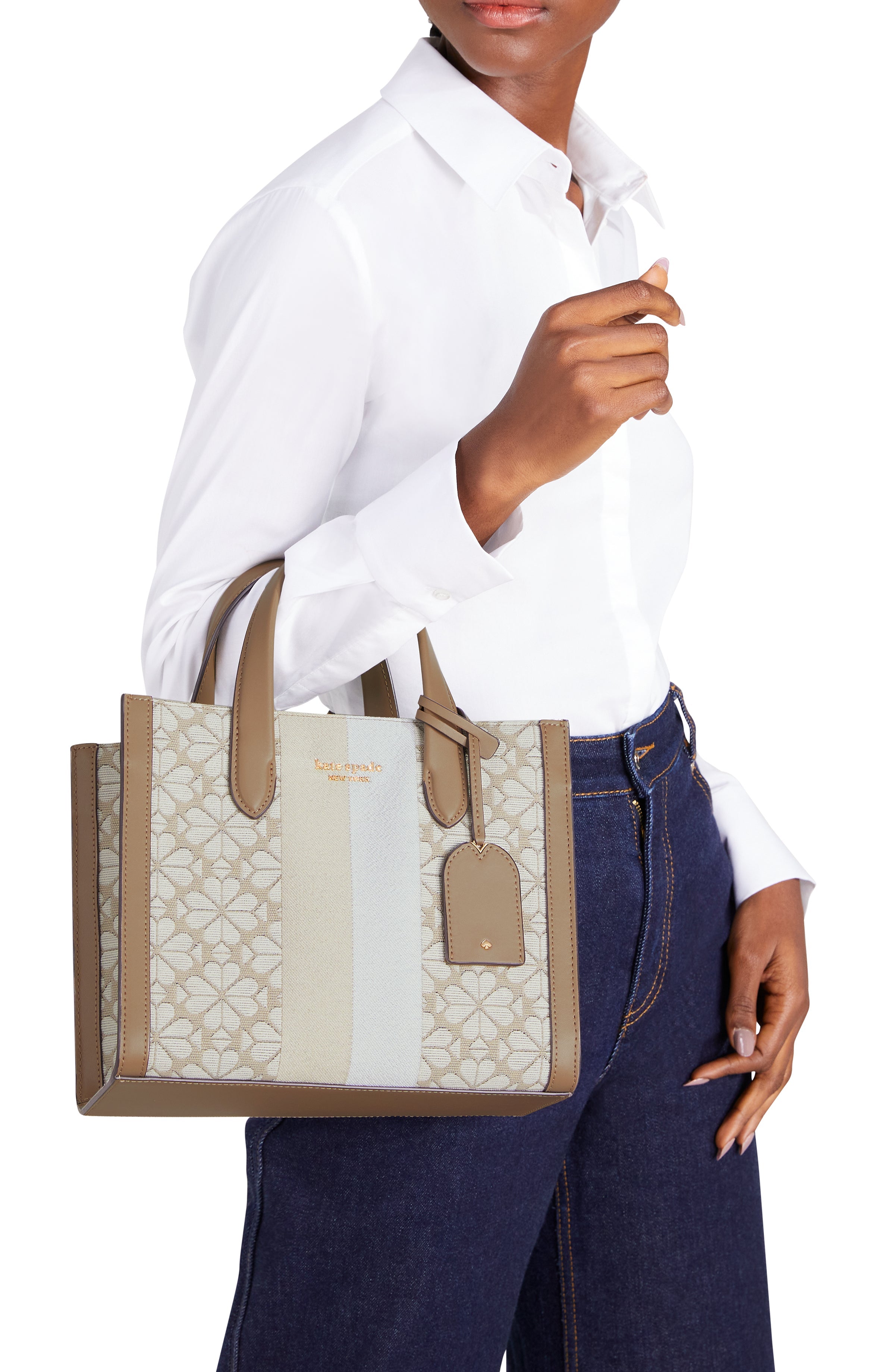 K6840-spade flower jacquard stripe manhattan small tote-Natural Multi