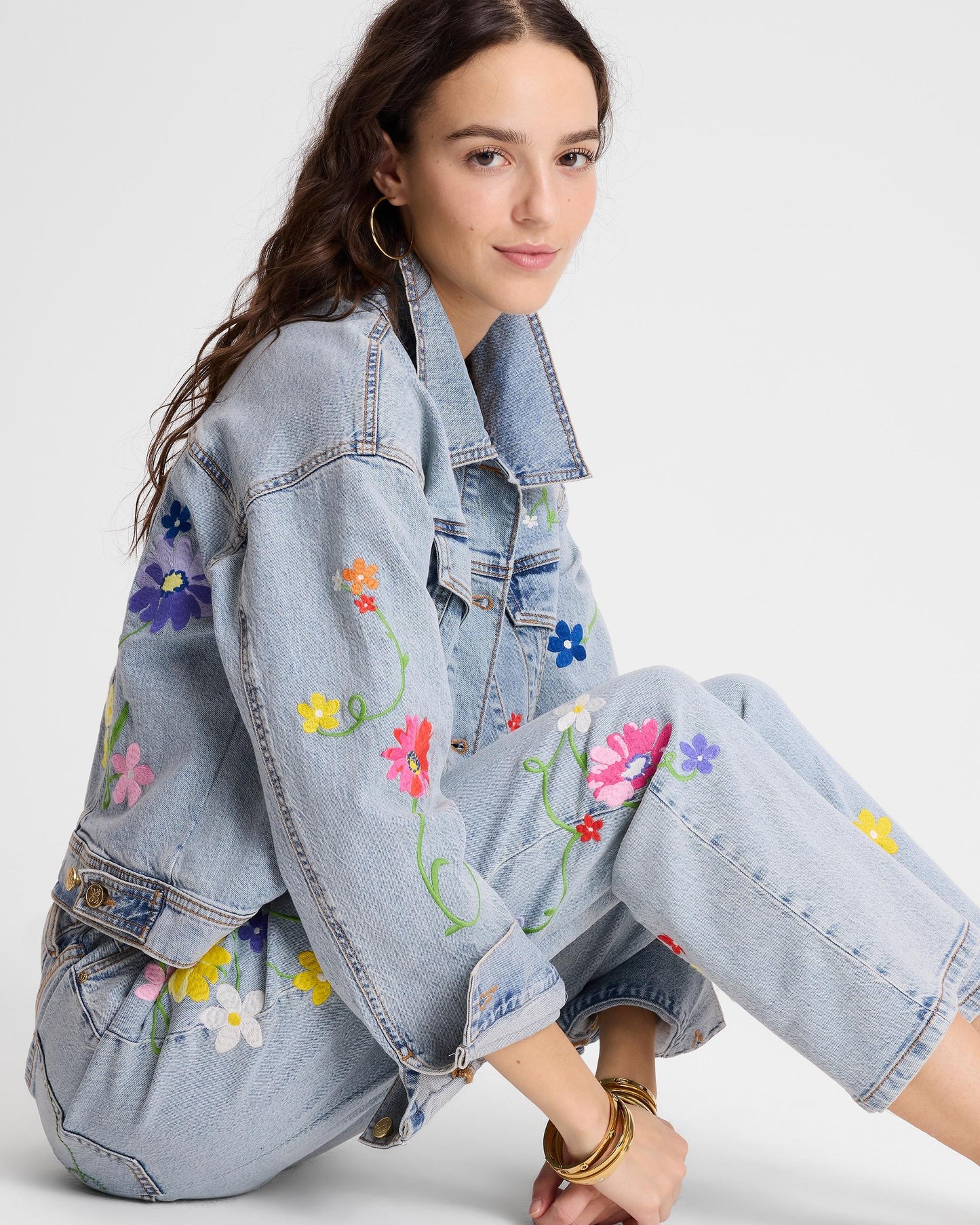 KL188-Floral Embroidered Denim Jacket-Indigo Denim