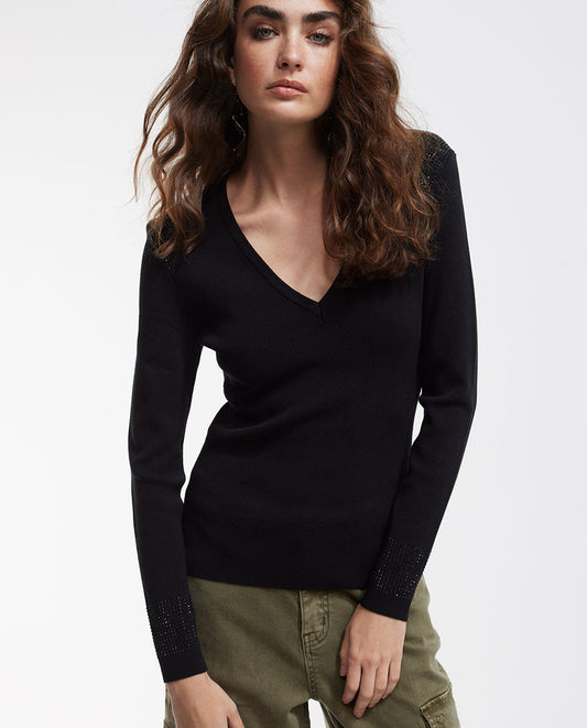 Knit sweater embellished with rhinestones