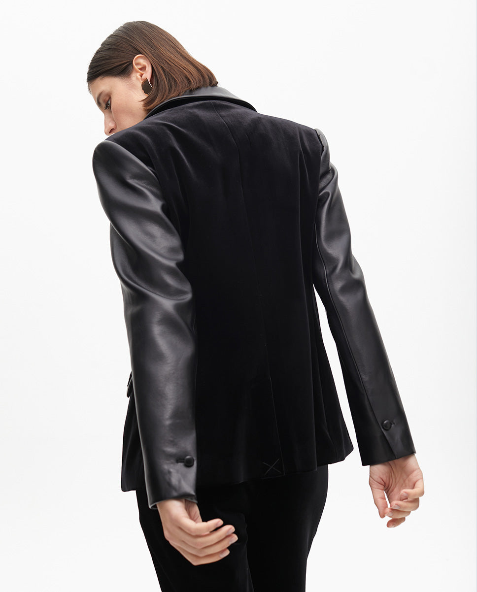 Tailored Velvet Blazer with Faux Leather Details