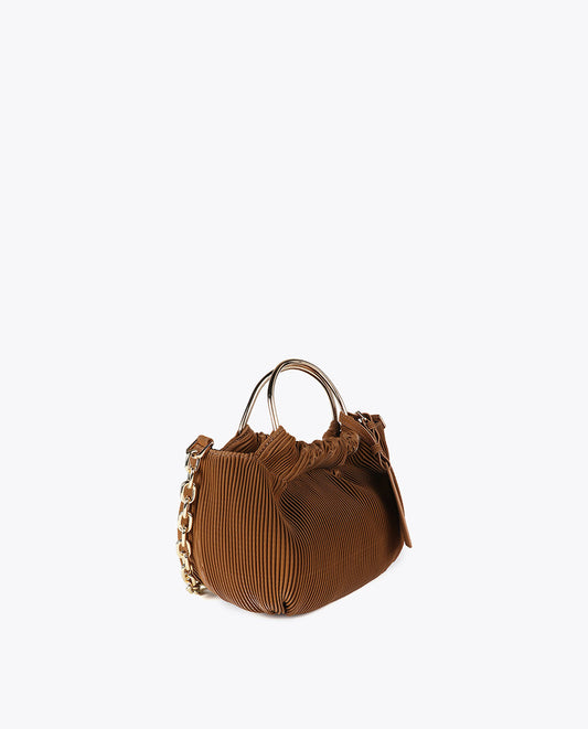Small pleated bag with a waxed leather effect and 'bags lovers' tag