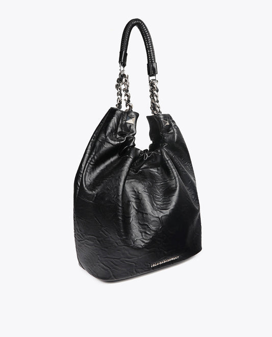 Crinkled Leather Effect Shopper Bag with Metallic Details and Studs