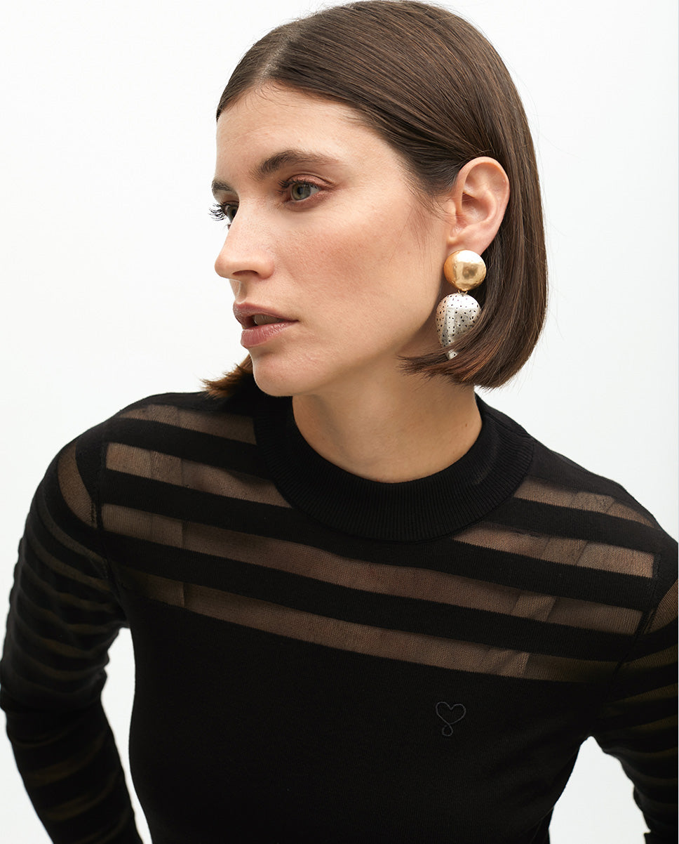 Fine Knit Sweater with Transparent Stripes