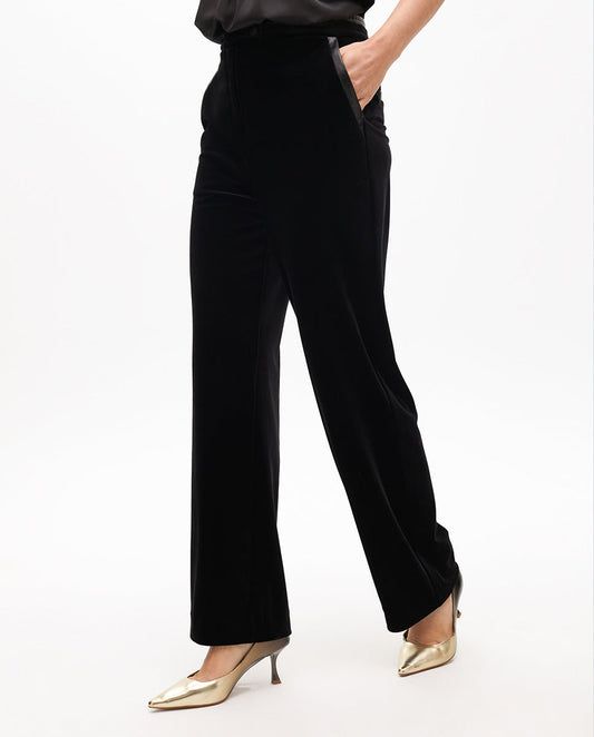Straight Velvet Suit Pants with Faux Leather Details