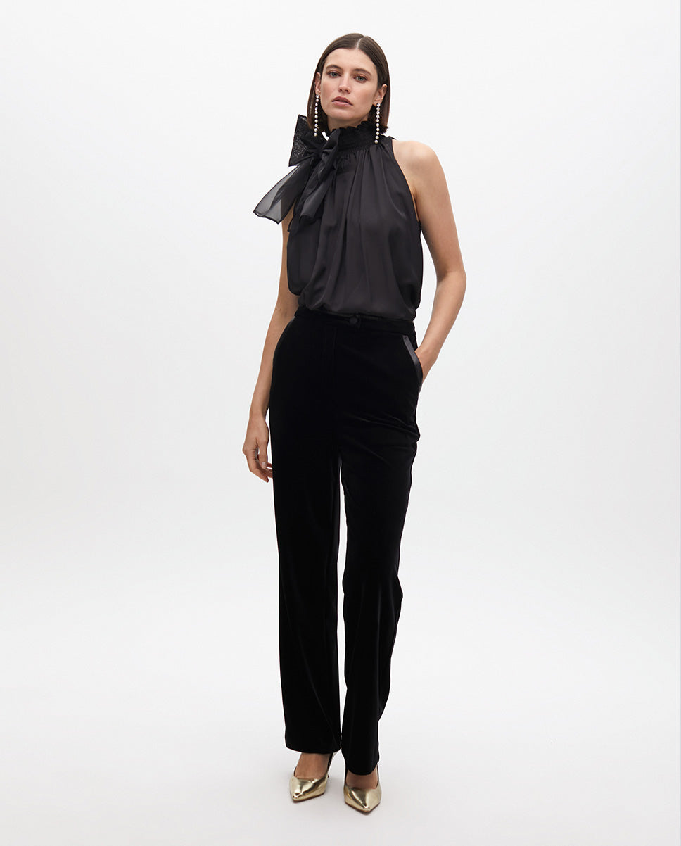 Straight Velvet Suit Pants with Faux Leather Details