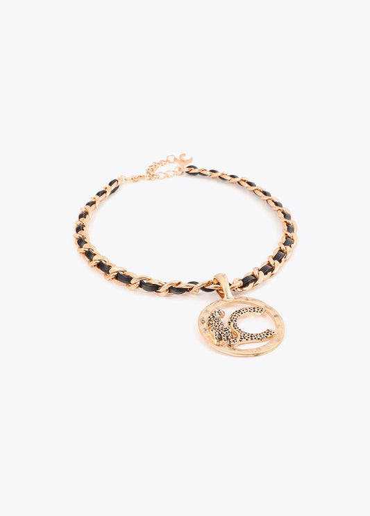 lf2603081-Short necklace with last chain with personalized locket animal logo finished texture-Metal-Black
