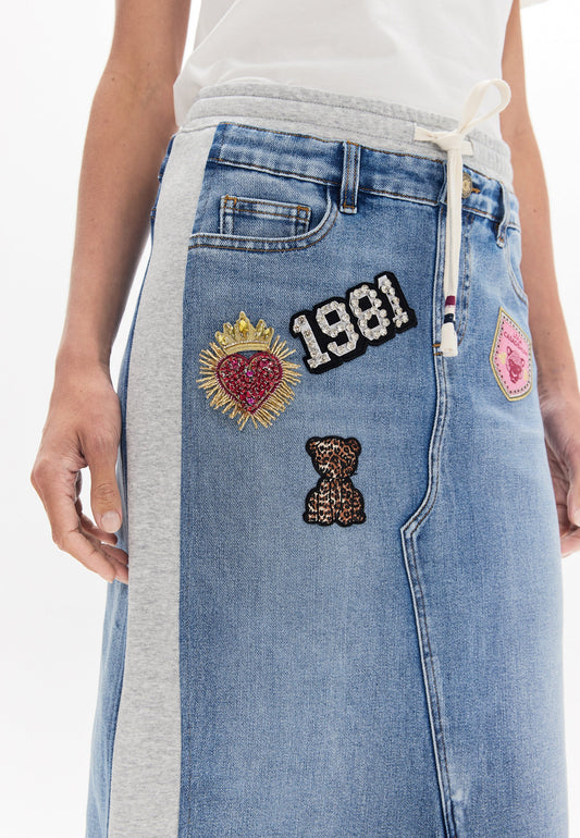 lf2608005-Denim and Jersey Combo Skirt with Patches-Gray Denim