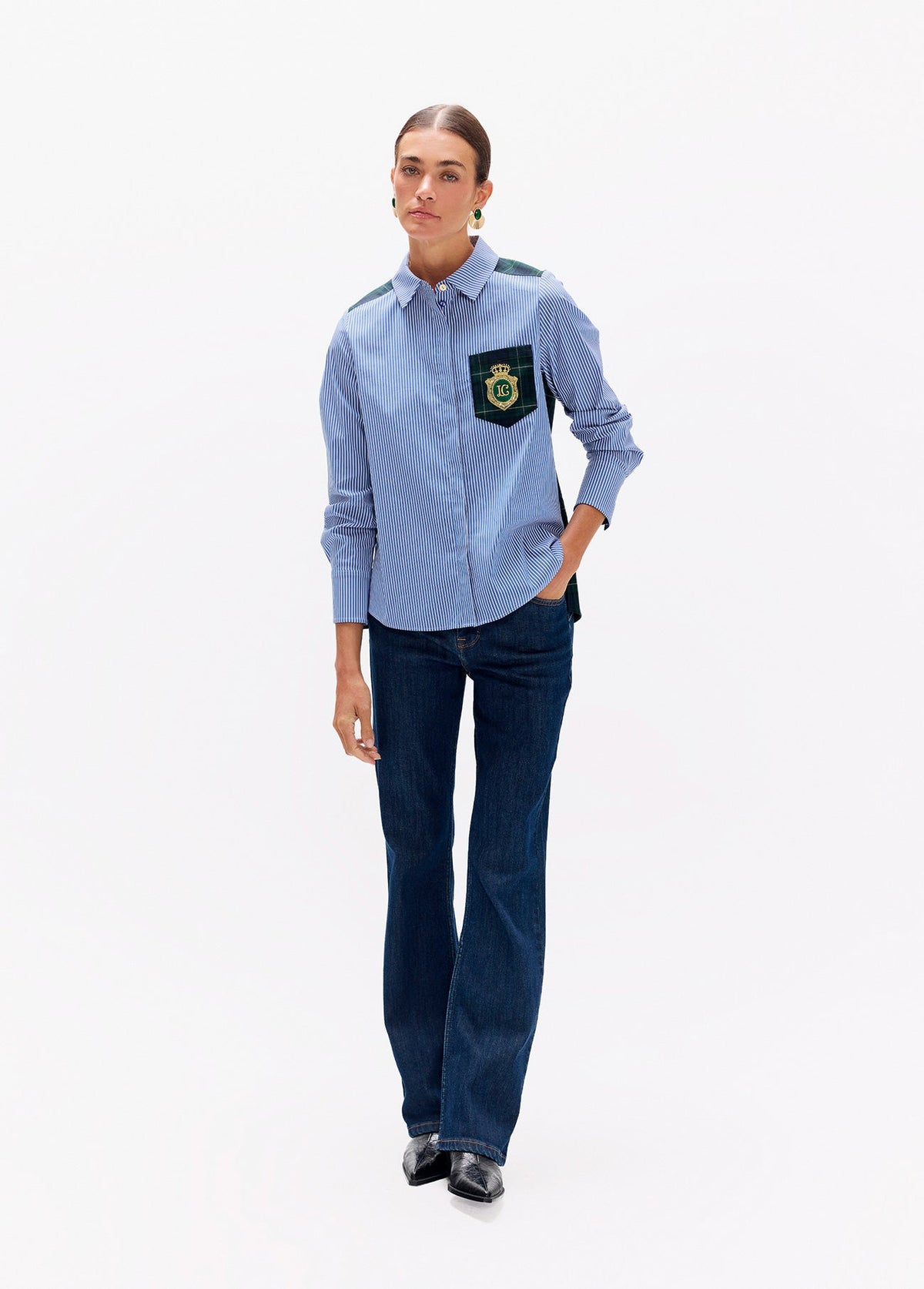 lf2615037-Tartan striped combo shirt-Blue-Green